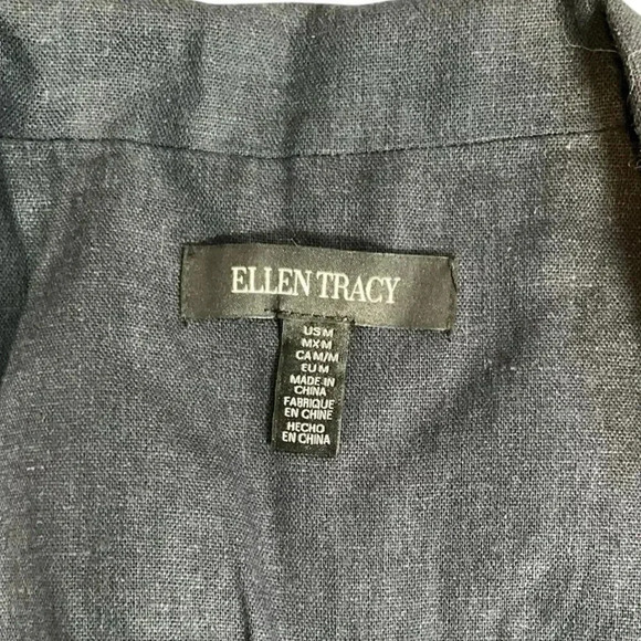 Ellen Tracy Open Front Linen Blend Blazer Size Medium Navy Blue Gold Ring - Picture 8 of 12